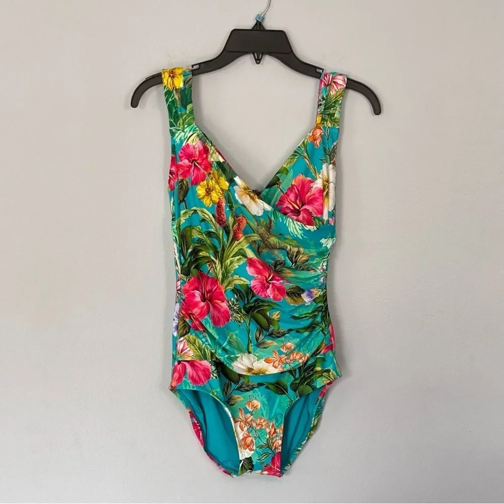 Jantzen Surplice Mio Tummy Control 1-Piece Swim Suit Swimsuit Tropical Floral 4